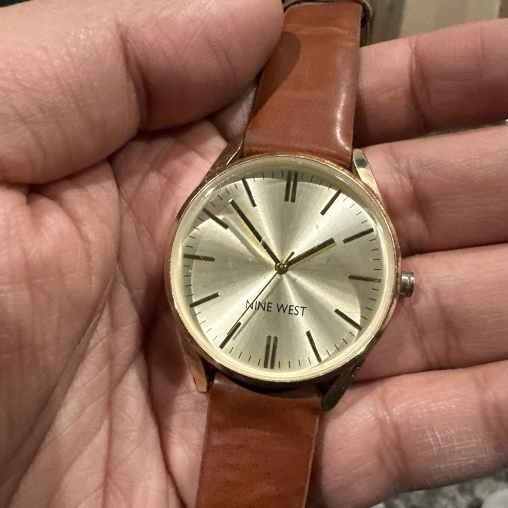 Working Nine West Unisex Watch Gold Tone 36mm Fit 7.5 Brown Leather‎ New Battery